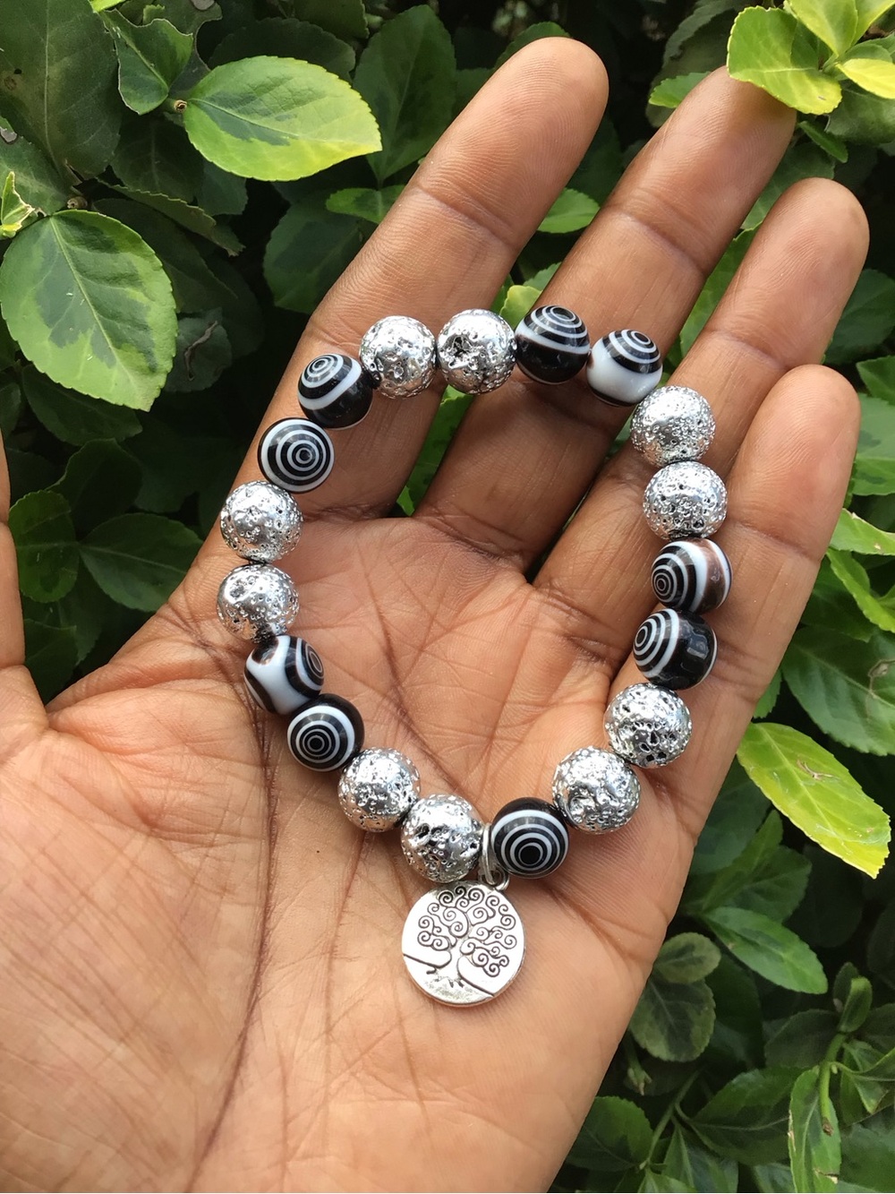 Black & Silver Beaded Bracelet with Tree Charm
